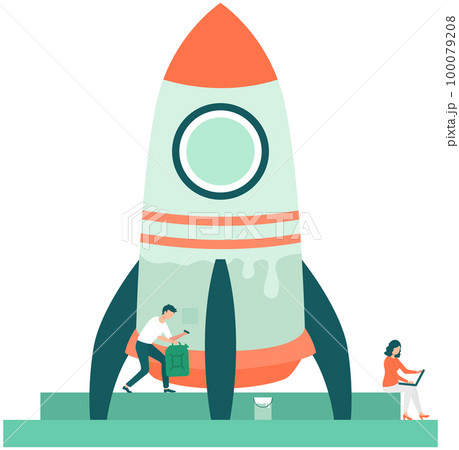 Female employee works with startup, business development. Man prepares and paints rocket for flight 100079208