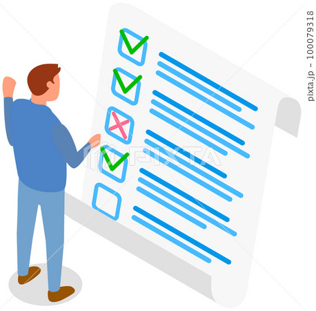 Man is checking correctness of questionnaire, looking at answers in test, paper form survey Man is checking correctness of questionnaire, looking at answers in test, paper form survey 100079318