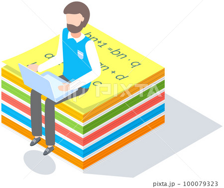 Man sitting and working with laptop on colored stickers for notes. Businessman works analyzes data 100079323