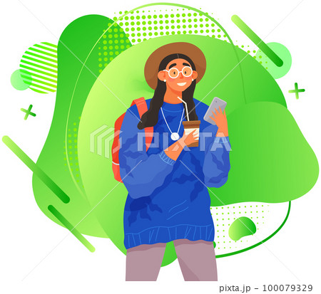 Woman with smartphone is writing email on abstract green background and drinking hot coffee Woman with smartphone is writing email on abstract green background and drinking hot coffee 100079329