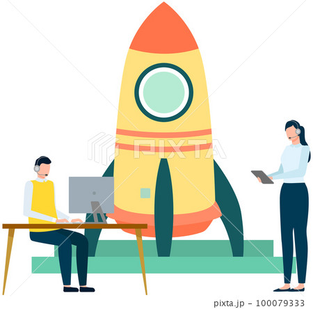 Female employee works with startup, business development. Man prepares and paints rocket for flight 100079333