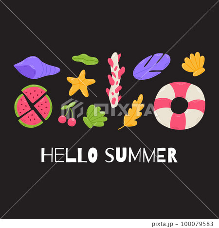 Summer set with lettering and cute beach elements: bikini, watermelon, sunscreen, flip flops, seashell, lifebuoy, hat, cocktail. Hand drawn flat cartoon elements. Vector illustration Summer set with lettering and cute beach elements: bikini, watermelon, sunscreen, flip flops, seashell, lifebuoy, hat, cocktail. Hand drawn flat cartoon elements. Vector illustration 100079583