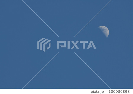 北杜市白州町、月齢6.8上弦の月、夕方の空に浮かぶ（位置：右上） 100080898