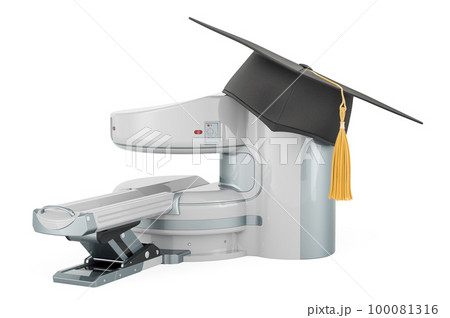 Open MRI Machine with education hat. 3D rendering Open MRI Machine with education hat. 3D rendering 100081316