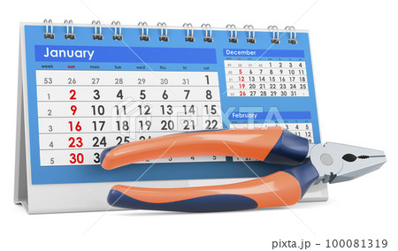 Pliers with desk calendar, 3D rendering Pliers with desk calendar, 3D rendering 100081319