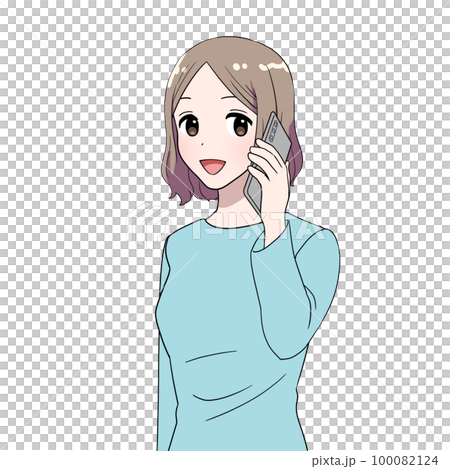 一個中間剪了鮑勃的女人用她的智能手機說話 一個中間剪了鮑勃的女人用她的智能手機說話 100082124