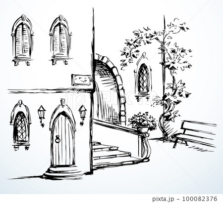 Vector Sketch. A comfortable bench in an old quiet courtyard 100082376