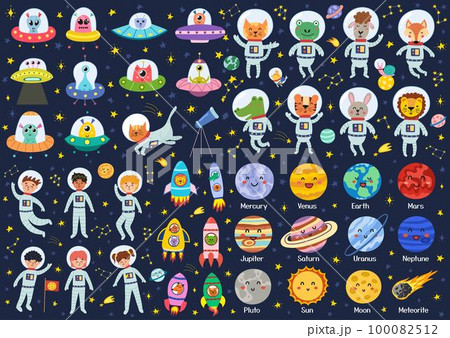 Big space collection with cute characters. Space bundle in cartoon style Big space collection with cute characters. Space bundle in cartoon style 100082512