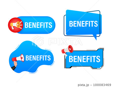 Megaphone label set with text Benefits. Megaphone in hand promotion banner. Marketing and advertising 100083469