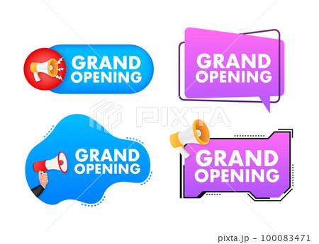 Megaphone label set with text Grand opening. Megaphone in hand promotion banner. Marketing and advertising Megaphone label set with text Grand opening. Megaphone in hand promotion banner. Marketing and advertising 100083471