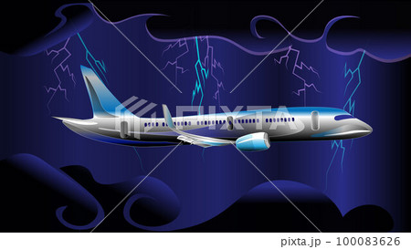 A plane flies in the sky in dark clouds during a thunderstorm, lightning flashing from all directions 100083626