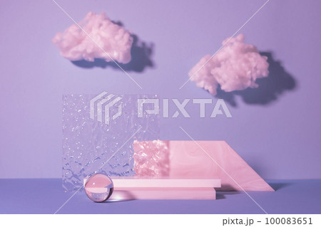 Abstract modern product showcase, minimalist style. Stone glass podiums, neon lilac background with clouds Abstract modern product showcase, minimalist style. Stone glass podiums, neon lilac background with clouds 100083651