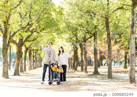 ベビーカーで散歩をする若い家族 100085245