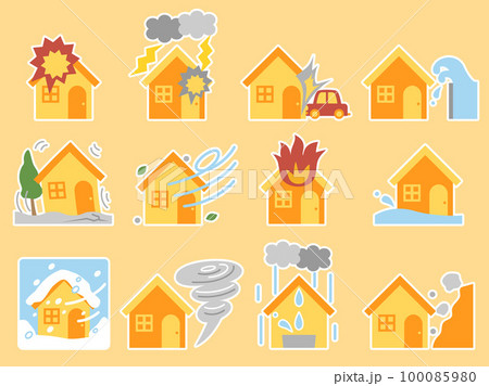 火災保険の挿し絵などに使える災害をイメージしたイラストのセット　白フチ付きバージョン 100085980