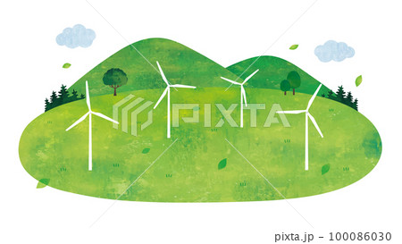 風車による風力発電と草原と山の景色水彩画 100086030