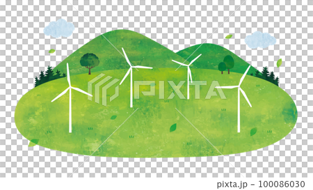 風車による風力発電と草原と山の景色水彩画 100086030