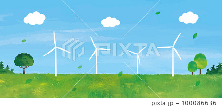 風車による風力発電と草原と山の景色水彩画横長 風車による風力発電と草原と山の景色水彩画横長 100086636
