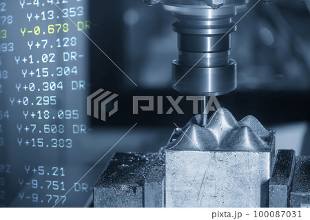 Abstract scene the CNC milling machine and the G-code data background. 100087031