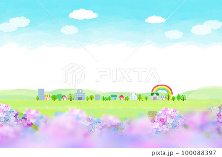 紫陽花と街並の背景素材　バックイメージ 100088397