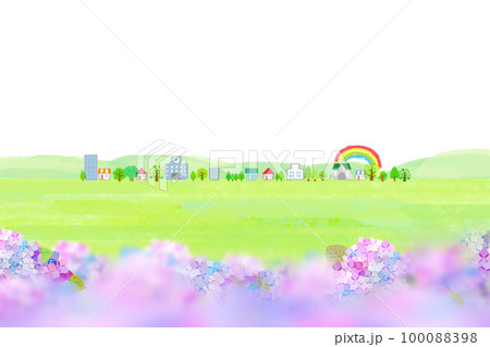 紫陽花と街並の背景素材　バックイメージ 100088398