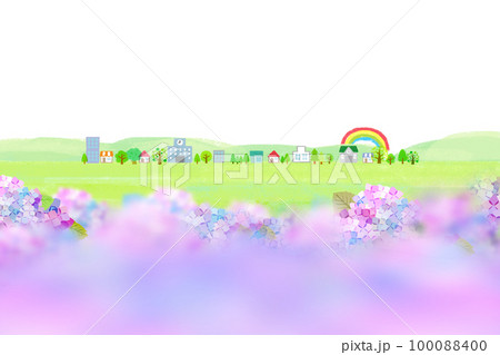 紫陽花と街並の背景素材　バックイメージ 100088400