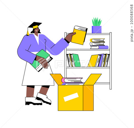 Unpacking things isolated cartoon vector illustrations. Young happy student girl unpacking books in her new room, university campus, college choice, admission process vector cartoon. 100088568