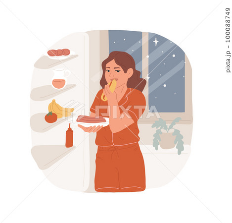 Snacking at night isolated cartoon vector illustration. Beautiful teenage girl taking meal from the refrigerator at night, teens bad habits, unhealthy food addiction vector cartoon. Snacking at night isolated cartoon vector illustration. Beautiful teenage girl taking meal from the refrigerator at night, teens bad habits, unhealthy food addiction vector cartoon. 100088749