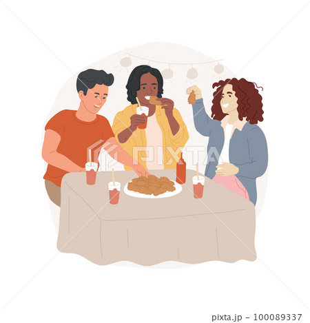 Fried chicken wings isolated cartoon vector illustration. Teens laughing and eating chicken wings, teenagers enjoying fried food, bad eating habits, adolescent meal preference vector cartoon. 100089337