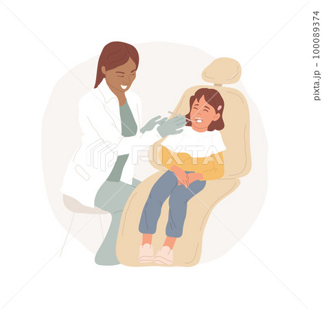 Caries isolated cartoon vector illustration. Little girl with caries in dentist chair, children teeth treatment, lack of personal body hygiene, medical checkup oral cavity vector cartoon. 100089374
