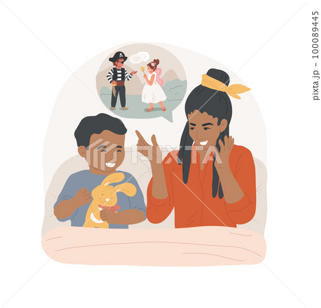 Bedtime story isolated cartoon vector illustration. Parents tells their child fairy tale, listen bedtime story, family lifestyle, kids sleep habit, happy childhood, parenting vector cartoon. 100089445