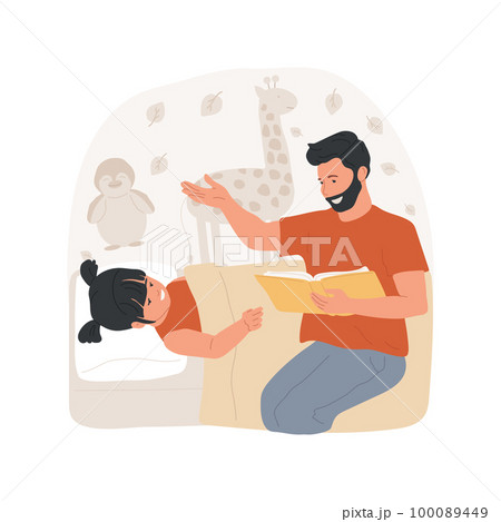 Reading before bed isolated cartoon vector illustration. Dad reads daughter a bedtime fairy tale, family relationship, kids sleep ritual, child falling asleep, nighttime habit vector cartoon. 100089449