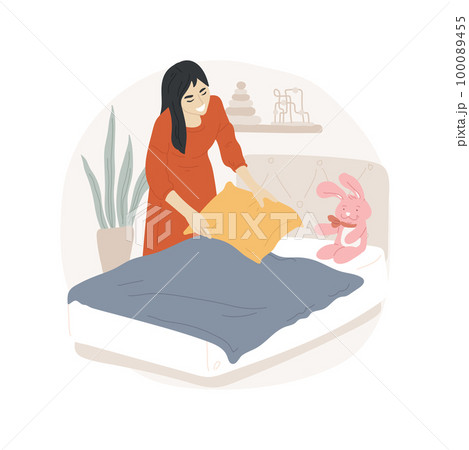 Making bed isolated cartoon vector illustration. Smiling mom fixing pillows, making bed for child, bedtime chores, kid sleep hygiene, put warm blanket, bedroom preparation vector cartoon. 100089455