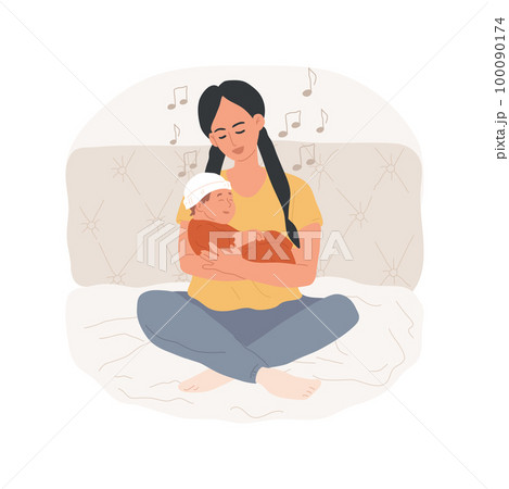 Singing a lullaby isolated cartoon vector illustration. Mom holding and singing a lullaby to her little baby, family lifestyle, kids bedtime, sleep hygiene, happy childhood vector cartoon. 100090174