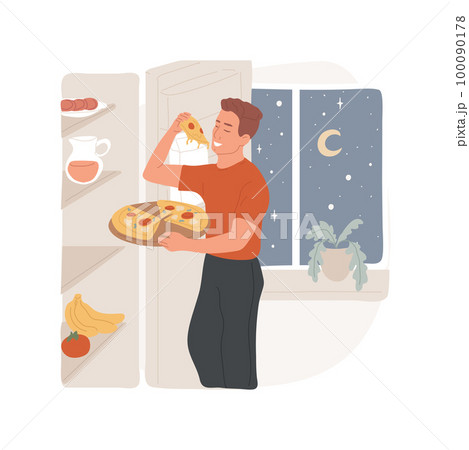 Eating at night isolated cartoon vector illustration. Secret eaters violating diet and eating at night together, family lifestyle, bad food habits, nutrition problem vector cartoon. 100090178
