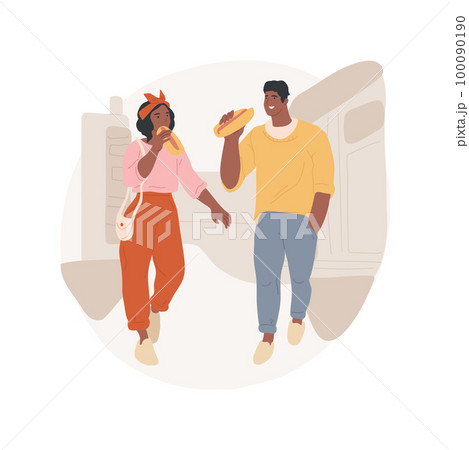Snack on the go isolated cartoon vector illustration. Happy couple eating tasty hot dog on the go, family lifestyle, junk food habits, diet violation, leisure time together vector cartoon. 100090190
