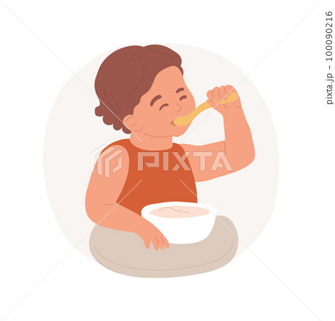 Toddler self-feeding isolated cartoon vector illustration. Smiling kid feeding himself with tasty meal, healthy lifestyle, toddler food habits, child in a good mood vector cartoon. 100090216