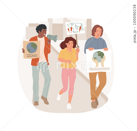 Climate march isolated cartoon vector illustration. Group of people marching the street with posters, people protest against pollution, fighting for climate justice, community vector cartoon. 100090238