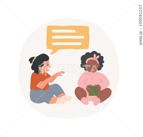 Communicate using sentences isolated cartoon vector illustration. Toddler communication skill milestone, language development, speak with full sentences, early education center vector cartoon. Communicate using sentences isolated cartoon vector illustration. Toddler communication skill milestone, language development, speak with full sentences, early education center vector cartoon. 100091237