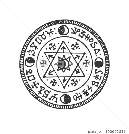 Esoteric amulet, mandala, magic talisman isolated circle magic pentagram sketch. Vector mystery mason or freemason amulet, esoteric emblem 100092851