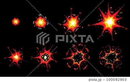 Pixel art explosion and burst animation. 8 bitのイラスト