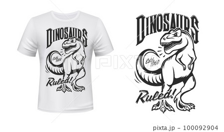 Tyrannosaurus rex, t-rex dinosaur mascot t-shirt print. Jurassic era reptile, extinct dinosaur animal apparel custom print vector mockup. Clothes mock-up or tshirt design template with Tyrannosaurus 100092904