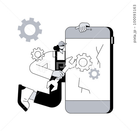 Smartphone repair abstract concept vector illustration. Cell phone repair, smartphone urgent mending service, screen replacement, data recovery, electronic device fixing shop abstract metaphor. 100093163