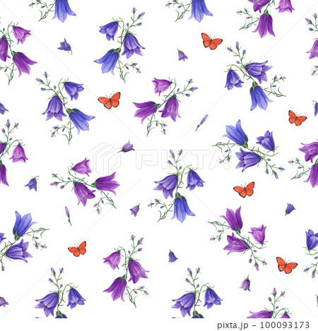 Floral seamless pattern of bluebells, wild oats, flying butterflies. Watercolor hand drawn illustration for poster, scrapbooking, invitations, prints, wallpaper, fabric, textile, wrapping. Floral seamless pattern of bluebells, wild oats, flying butterflies. Watercolor hand drawn illustration for poster, scrapbooking, invitations, prints, wallpaper, fabric, textile, wrapping. 100093173