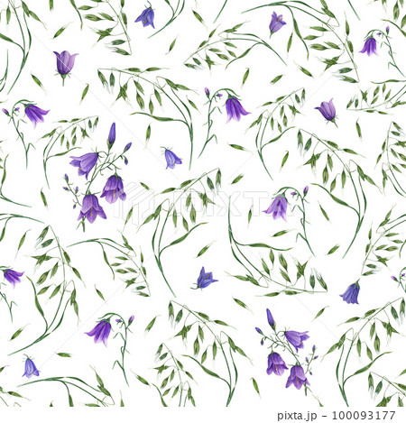 Watercolor seamless pattern of bluebells, wild oats isolated on white background. For postcard, poster, scrapbooking, invitations, background, prints, wallpaper, fabric, textile, wrapping. 100093177