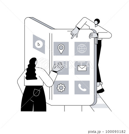 Foldable smartphone abstract concept vector illustration. Foldable technology, flexible electronic devices, smartphone trend, compact phone design, bendable screen, portability abstract metaphor. Foldable smartphone abstract concept vector illustration. Foldable technology, flexible electronic devices, smartphone trend, compact phone design, bendable screen, portability abstract metaphor. 100093182
