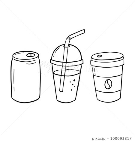 Lemonade in iron jar, cocktail in clear glass with straw and coffee to take away. Doodle vector icon isolated on white. 100093817