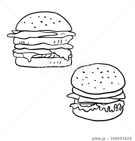 Burger illustration in doodle style. Outline food illustration. Line fastfood sketch cheeseburger 100093828