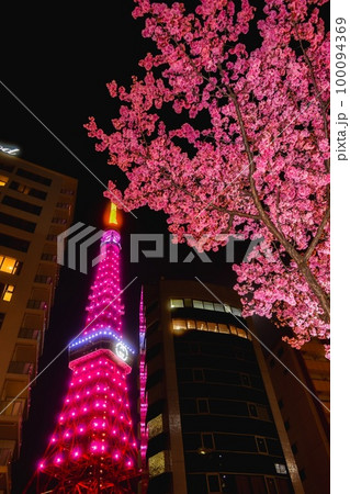GUCCIライトアップの東京タワーと桜 100094369
