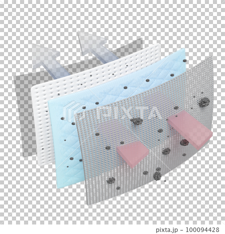 air filter layer and ventilate shows 3d, dust filter layer for face mask, air purifier, prevents vapors and odors from chemicals, virus, 3d render illustration 100094428
