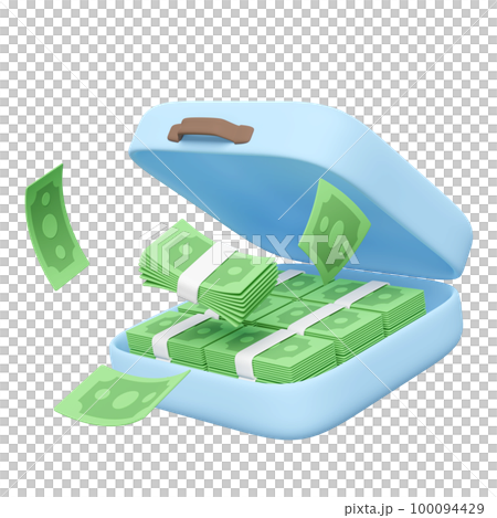 3d pile dollar banknote in blue suitcase isolated. economic movements or business finance, loan concept, 3d render illustration 100094429